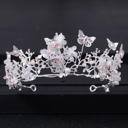 Women Pearl Rhinestone Flower Butterfly Crown