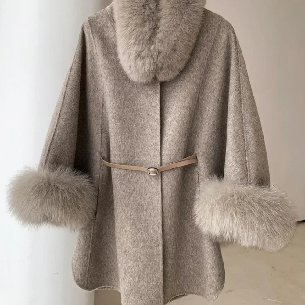 Women's Warm Fur Neck Belted Cape Coat