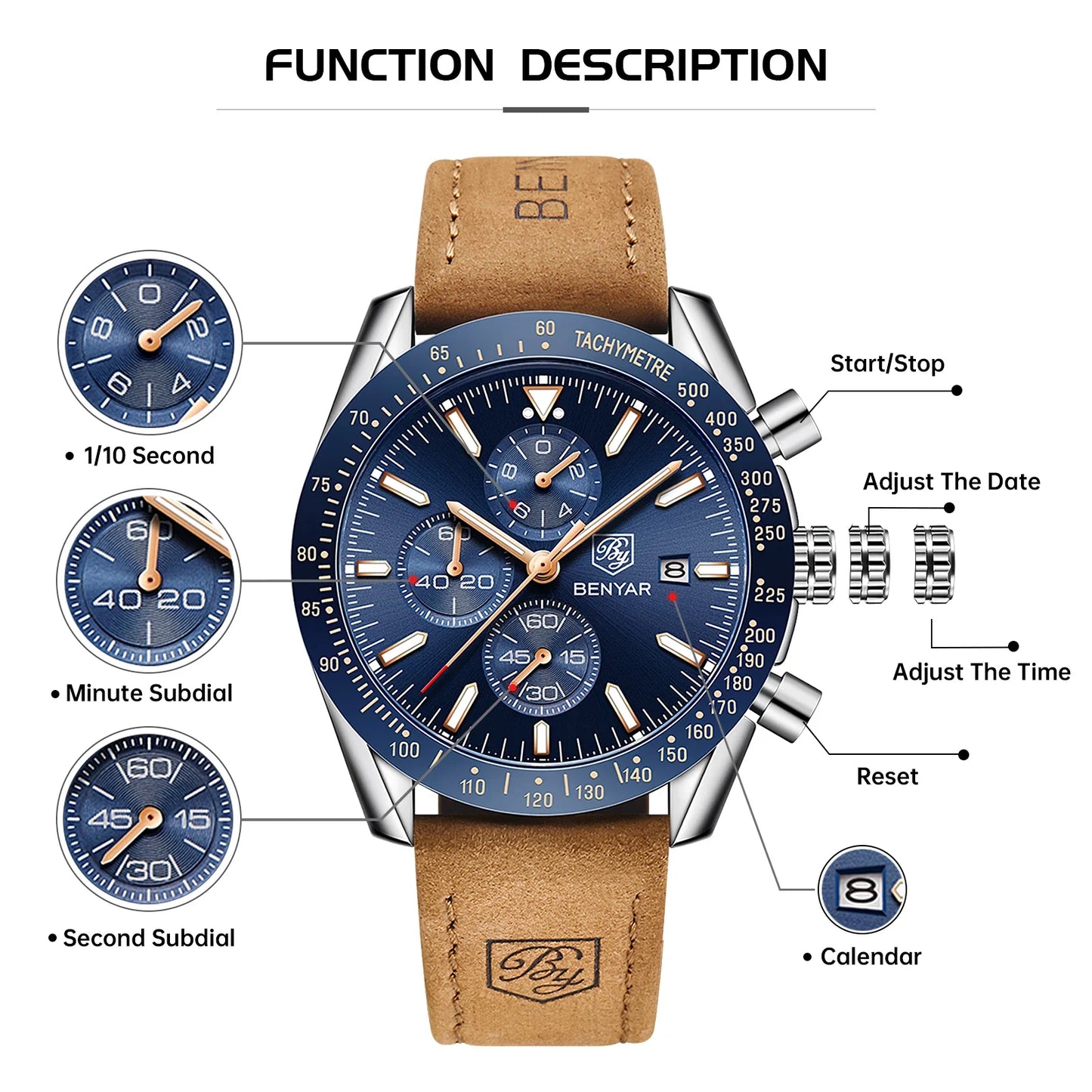 Montre chronographe à quartz pour homme – Montre-bracelet analogique étanche avec bracelet en cuir