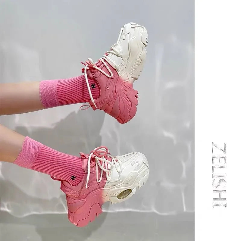 Women's Pink PU leather Color Blocking Sneakers