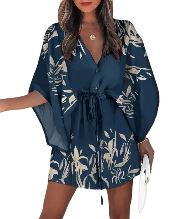 Minikleid im Boho-Stil mit Print und V-Ausschnitt