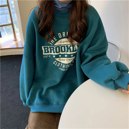 Korean Women Sweatshirts Loose Crewneck Pullover Tops