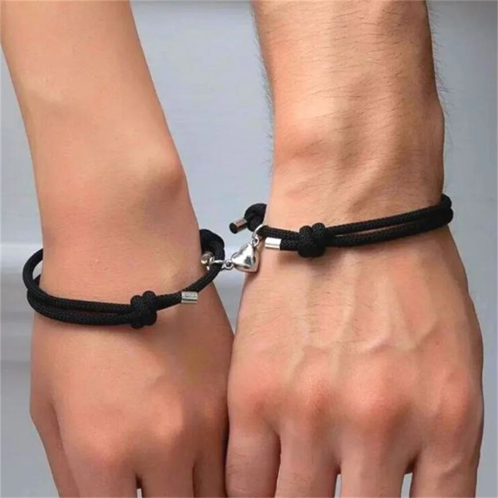 Pair of Magnetic Couple Rope Braided Hearts Bracelets