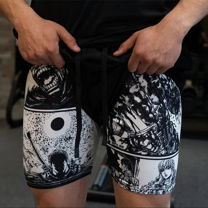 Short de sport 2 en 1 à imprimé Berserk pour homme