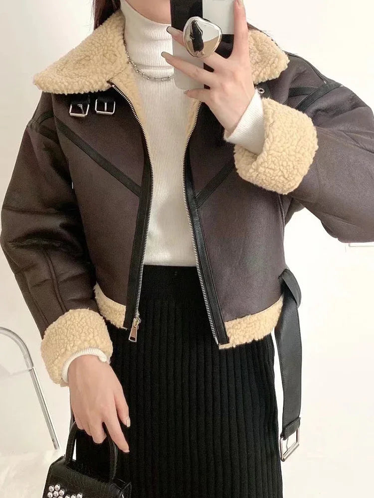 Harajuku-Fliegerjacke mit Pelzfutter für Damen
