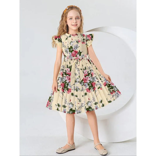 Girls Knitted Midi Dress Butterfly Sleeves & Belted Waist