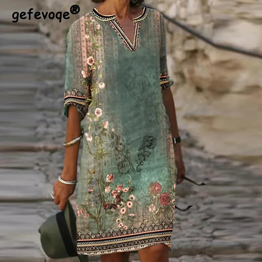 Boho Ethnic Style Floral Printed Beach Midi Dress