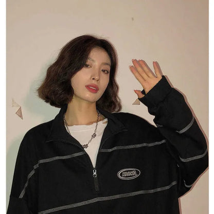 Sweat-shirt noir pour femmes coréennes Harajuku