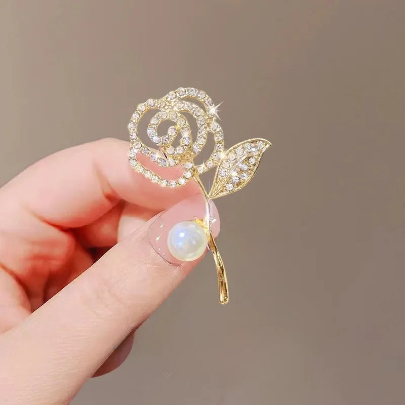 Golden Tulip Flower Pearl Brooch for Women – CZ Rhinestone Crystal Metal Pin