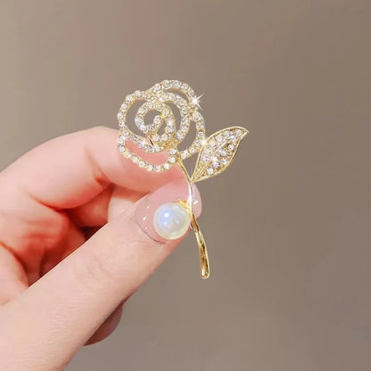Golden Tulip Flower Pearl Brooch for Women – CZ Rhinestone Crystal Metal Pin