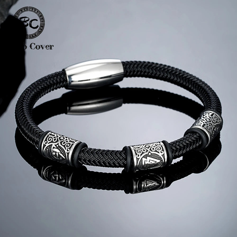 Men’s Viking Rune Stainless Steel Bracelet – Norse Futhark Runes Bangle Wire Rope Cuff