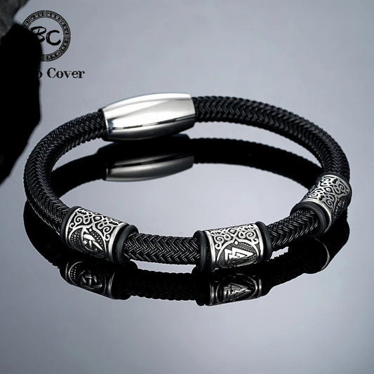 Men’s Viking Rune Stainless Steel Bracelet – Norse Futhark Runes Bangle Wire Rope Cuff