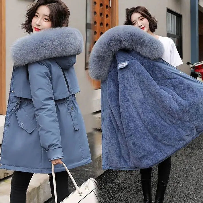 Langer Damenparka – Dicker Samt-Wintermantel