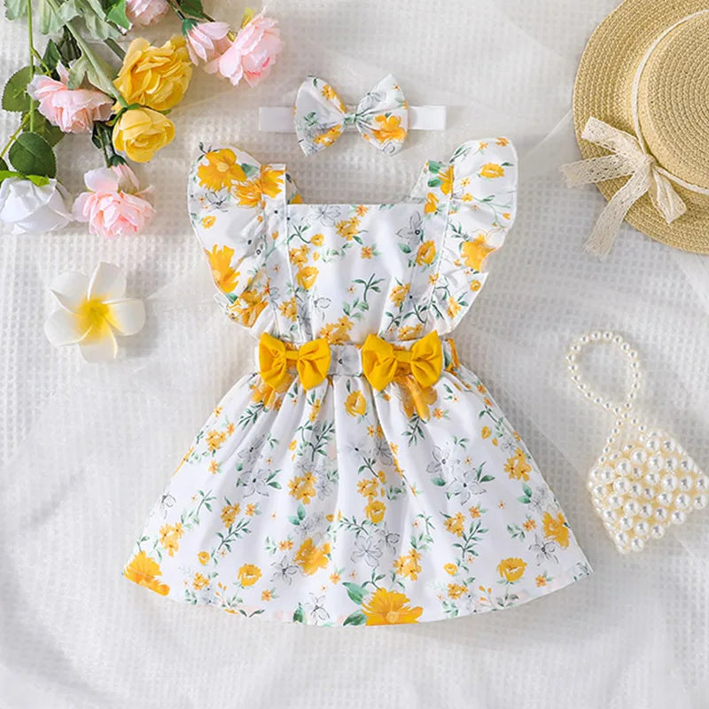 Robes formelles de princesse à fleurs jaunes mignonnes à manches papillon pour nouveau-né