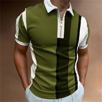 Men Zipper Striped Turn Down Collar Shirt