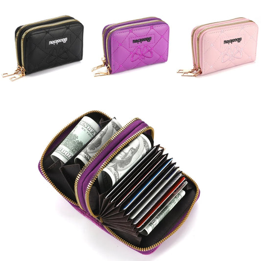 PU Leather Card Holder Wallet – Double Zipper Credit Card & ID Holder Coin Pocket