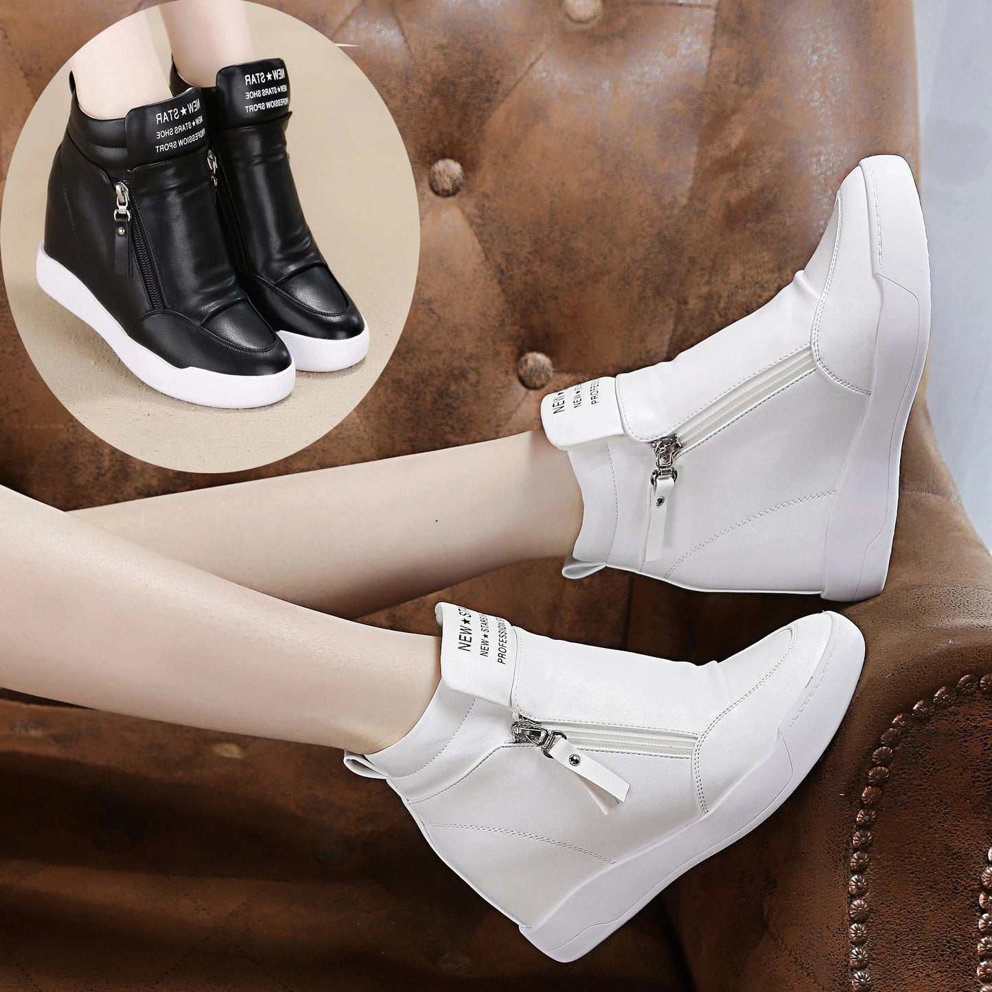 High Top Side Zip White Platform Wedge Sneakers with Hidden Heel