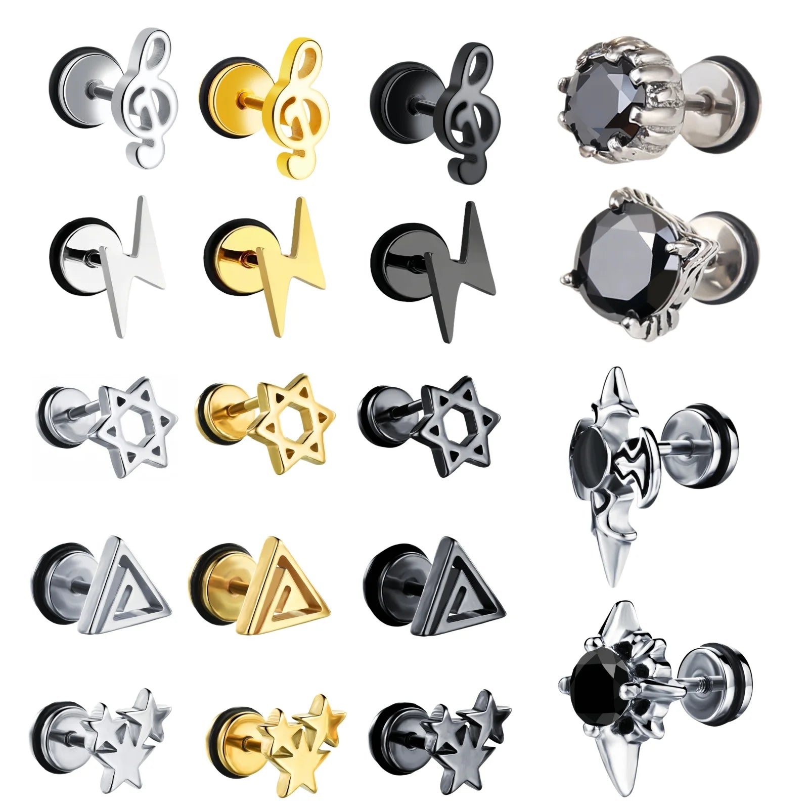 Boucles d'oreilles gothiques punk en acier inoxydable pour hommes et femmes – Petit squelette à géométrie rocheuse avec zircon