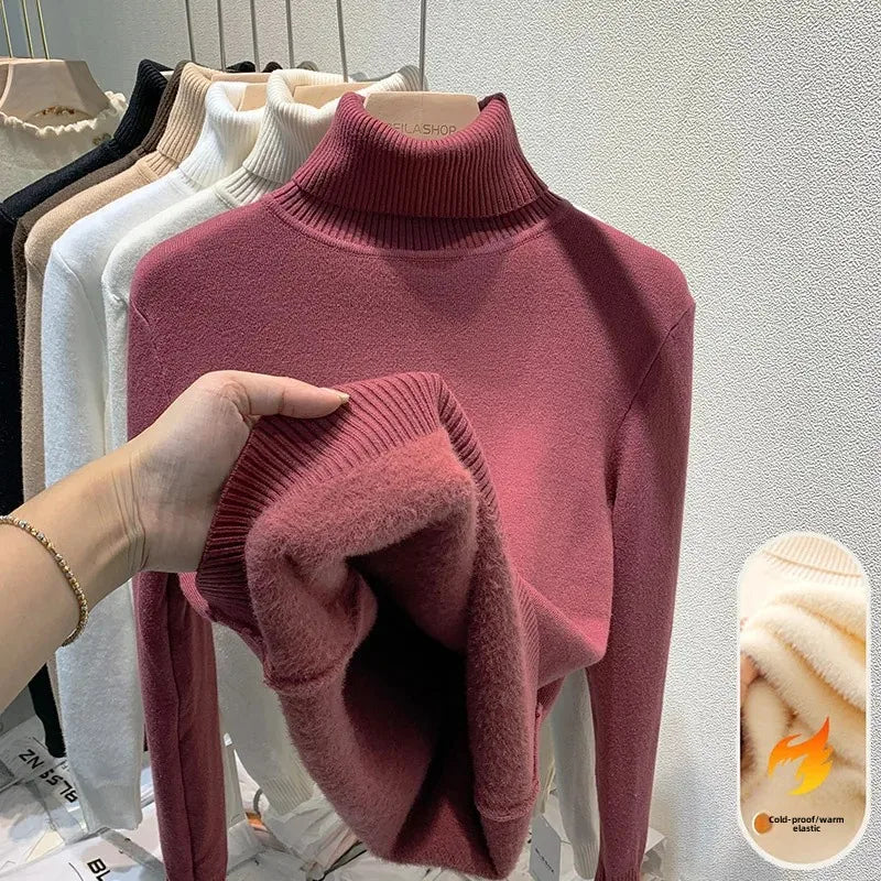 Women's Fleece-Lined Turtle Neck Knited Sweater