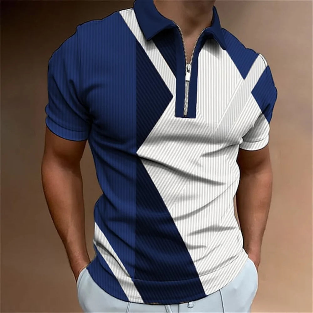 Men Zipper Striped Turn Down Collar Shirt