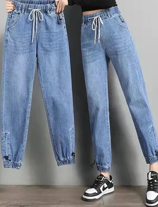Jeans Baggy Harem Taille Haute avec Cordon de Serrage - Pantalon en Denim