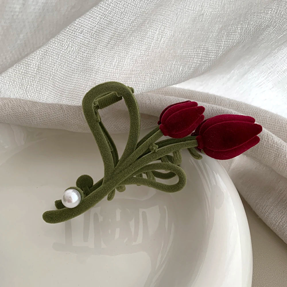 Samt-Tulpen-Perlen-Haarspange – weinrote Blumen-Haarspangen