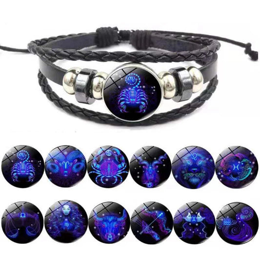 Unisex 12 Zodiac Signs Constellation Bracelet – Luminous Multilayer Leather Charm Bracelet