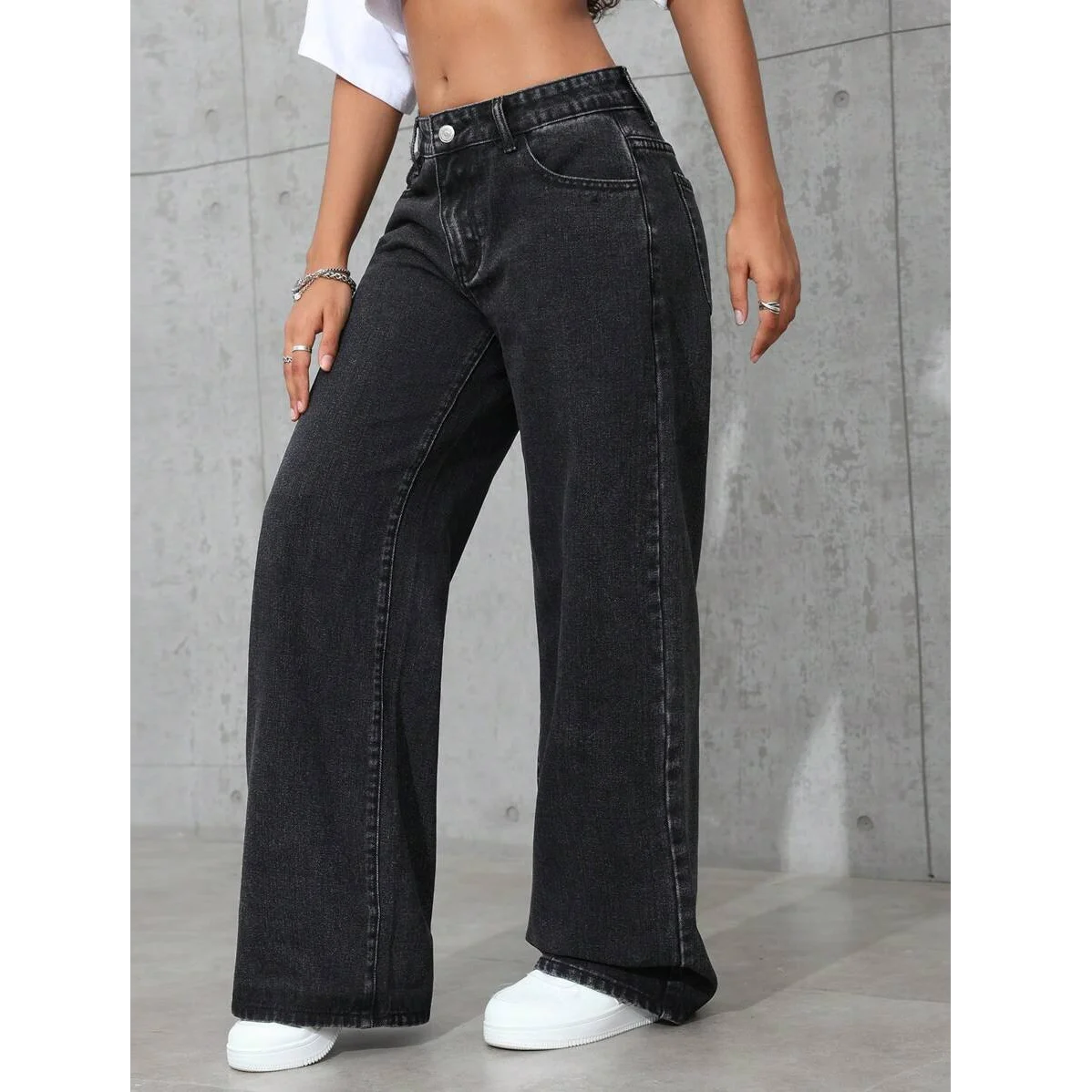 Plus Size Women’s Wide Leg Jeans – Washed Elastic High Waist Stretch Denim Pants