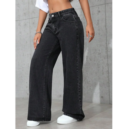 Plus Size Women’s Wide Leg Jeans – Washed Elastic High Waist Stretch Denim Pants