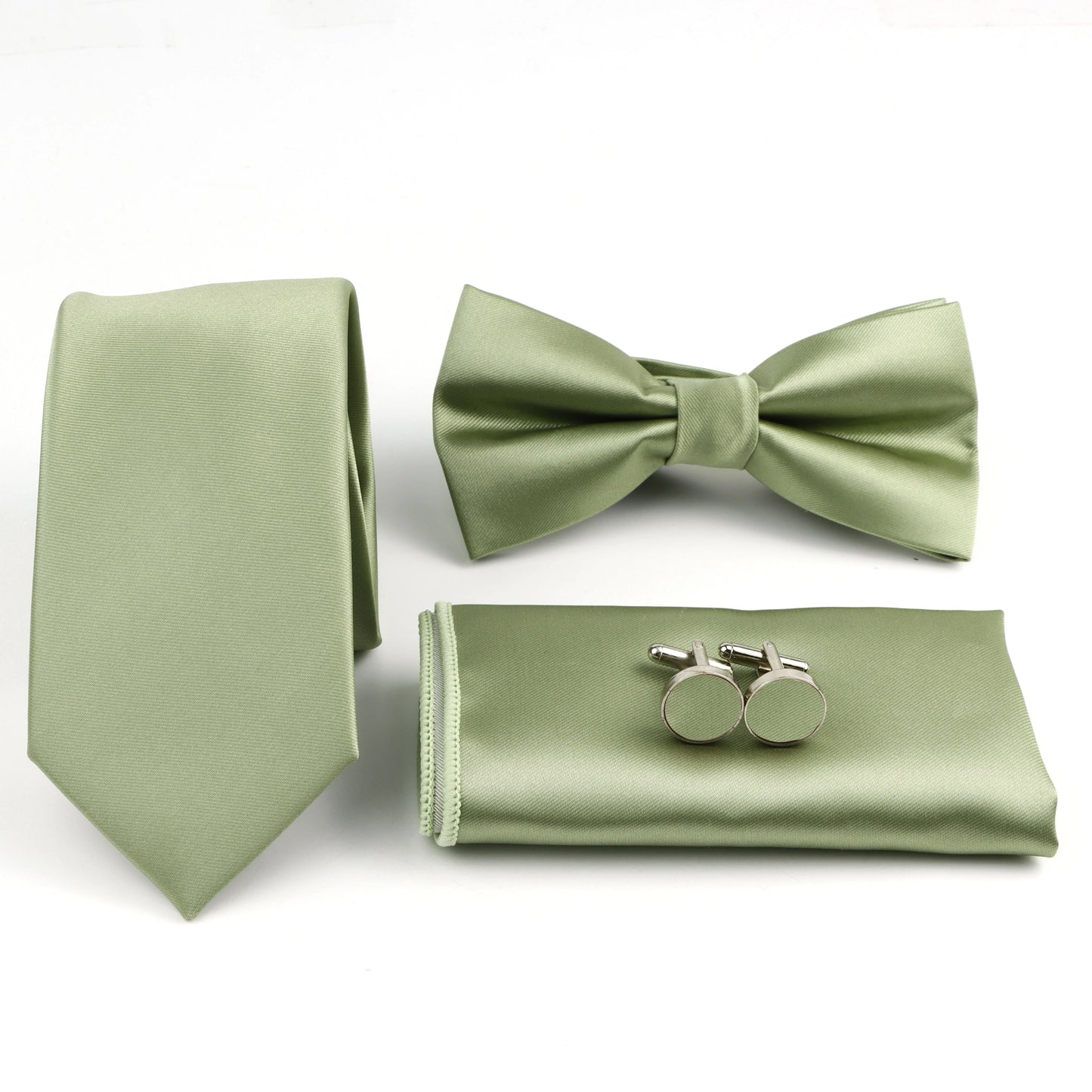 Men’s Solid Color Tie Set – Polyester Necktie Bow Tie Pocket Square & Cufflinks