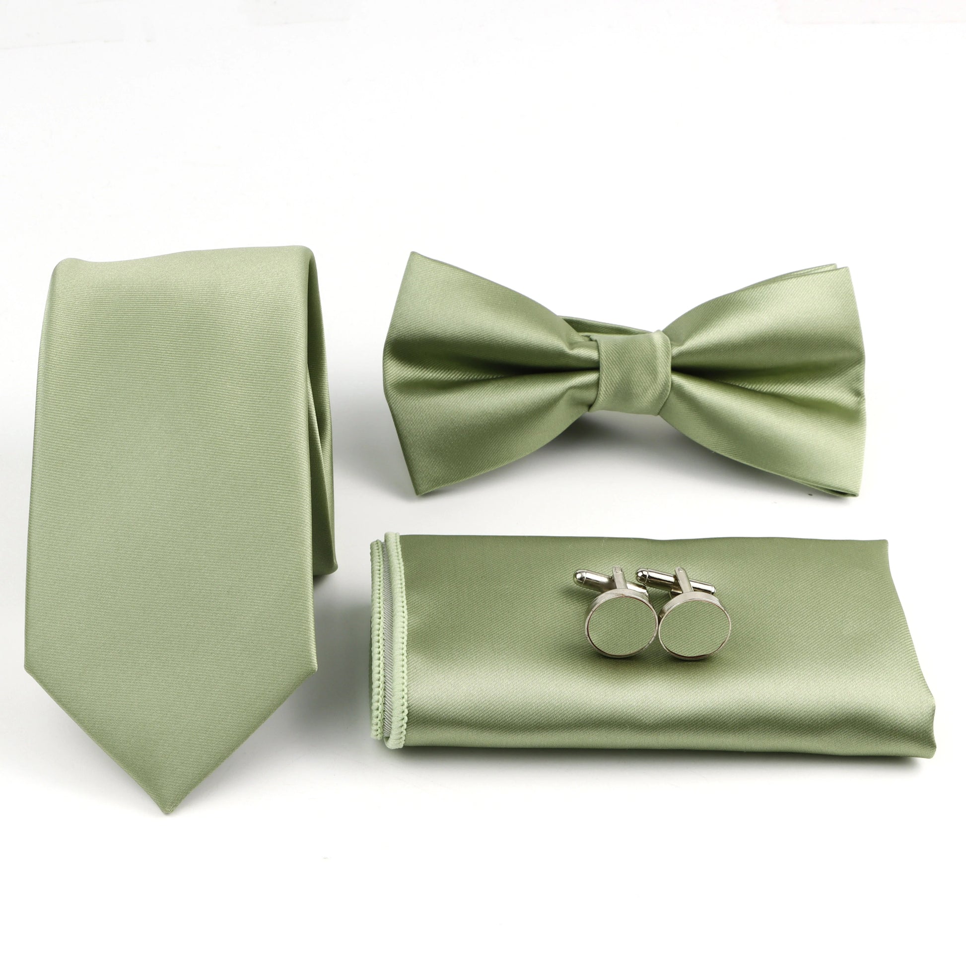 Men’s Solid Color Tie Set – Polyester Necktie Bow Tie Pocket Square & Cufflinks