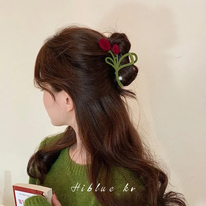 Samt-Tulpen-Perlen-Haarspange – weinrote Blumen-Haarspangen