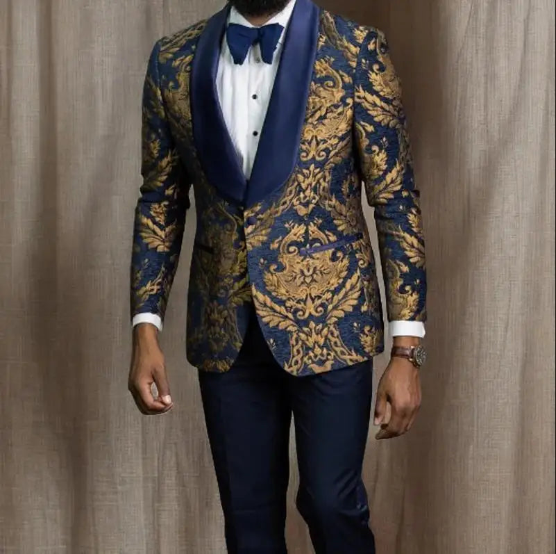 Men's Double Breasted Black Gold Jacquard Wedding Suits