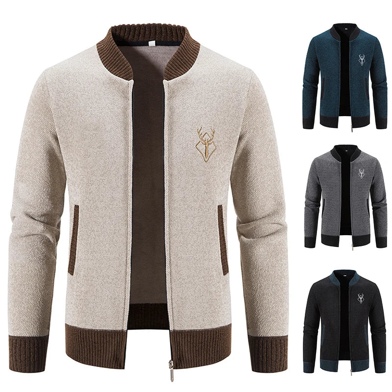 Men's Knitted Embroidered Warm Zipper Cardigan