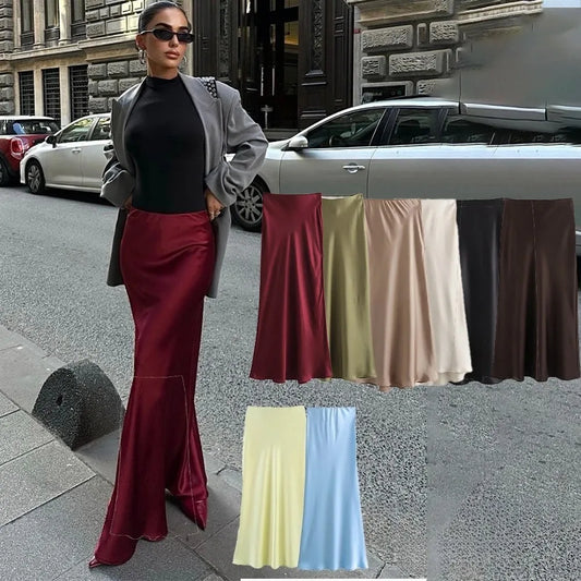 Women's High Waist Flowy A-Line Elastic Silky Skirts