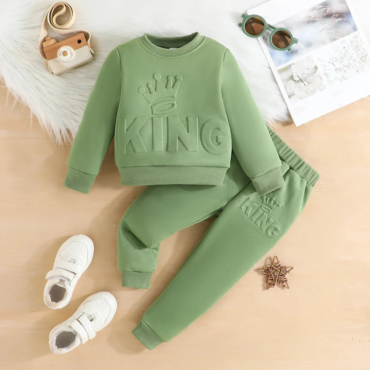 Kleidungsset für Kinder, Jungen, langärmelig, süße King-Buchstaben-T-Shirts