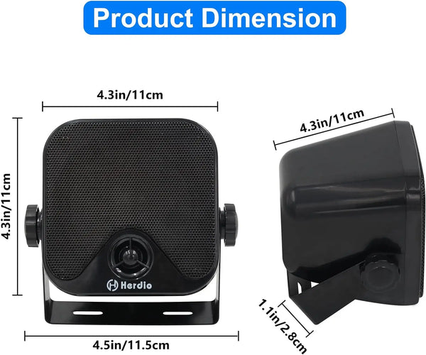 Waterproof marine speaker showing UV proof and high output power.