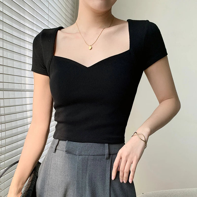 Damen Square T-Shirt Kurzarm Top Damenbluse