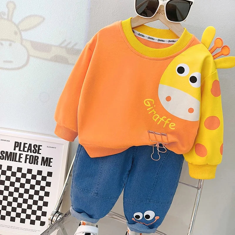 Boys Casual Cartoon Bear Long Sleeve tee and Navy Pants Outfit