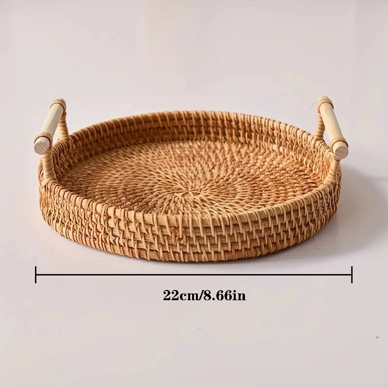 Handwoven Rattan Wicker Basket Tray – Eco-Friendly Food Serving & Storage Basket with Handles