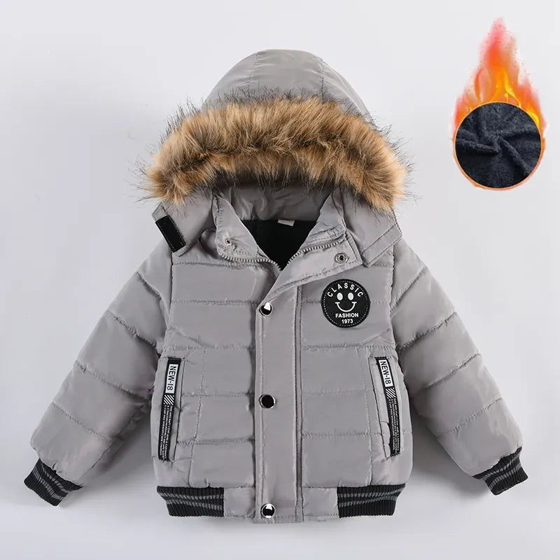 Veste chaude pour garçons, manteau à col en fourrure, capuche, fermeture éclair, vêtements d'extérieur