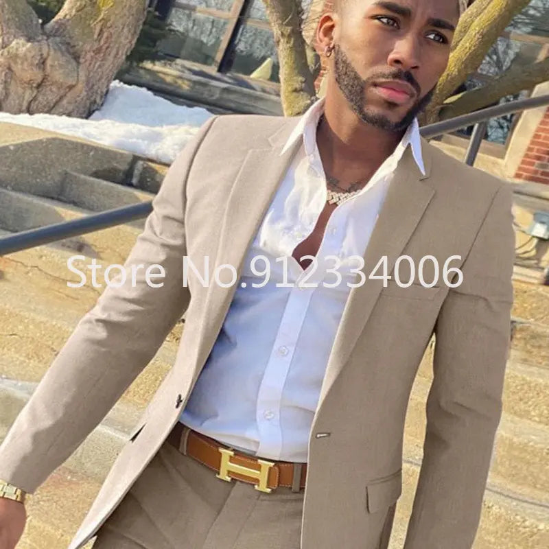 Men's Beige 2-Piece Slim Fit Wedding Suit - Blazer & Pants