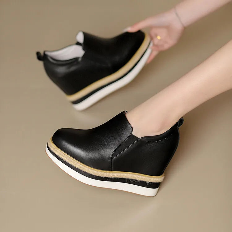 Womens Handmade Genuine Leather Platform Wedge Sneakers