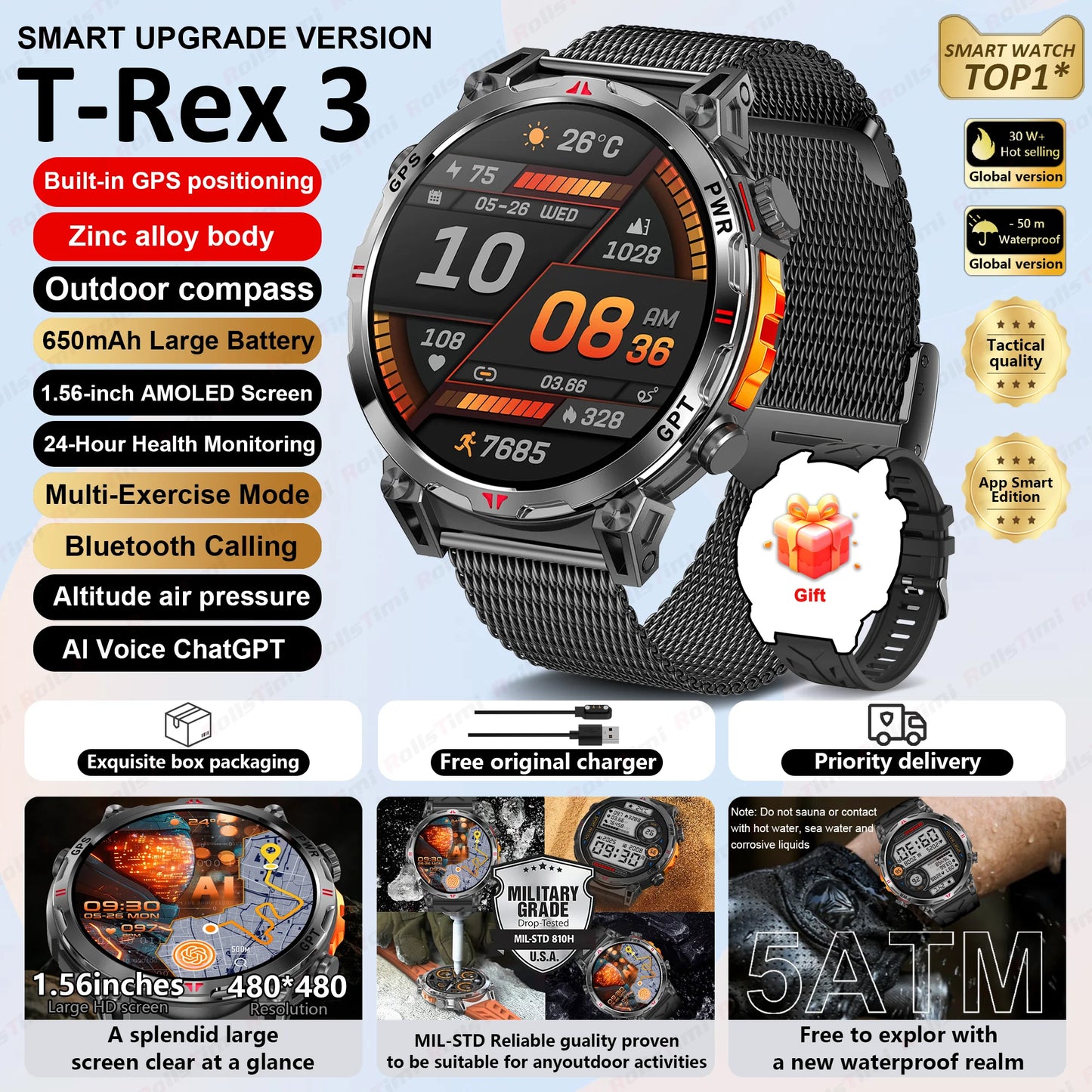 Unisex T-Rex3 GPS Sports Smartwatch – Fitness Tracker Heart Rate Monitor 3ATM Waterproof Smart Watch