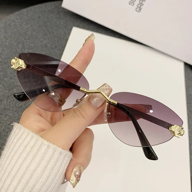 Retro Rimless Cat Eye Sunglasses for Women – Metal Frame UV400 Sun Glasses