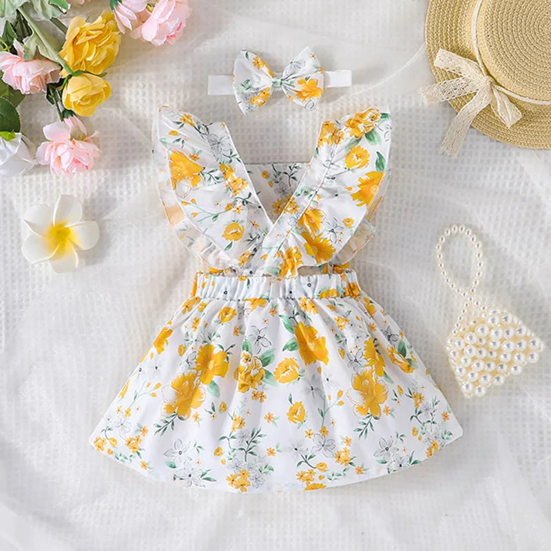 Niedliche gelbe Blumen-Prinzessin-Abendkleider für Neugeborene mit Schmetterlingsärmeln
