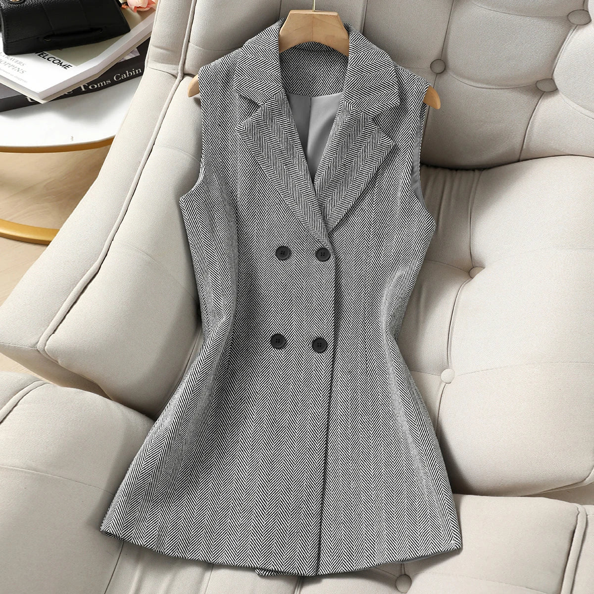 Women's Double Breasted Notched Lapel Waistcoat - Plaid Sleeveless Blazer