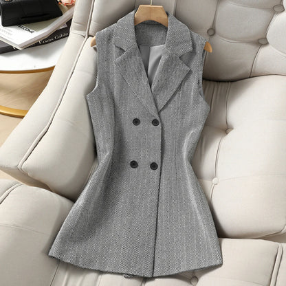 Women's Double Breasted Notched Lapel Waistcoat - Plaid Sleeveless Blazer