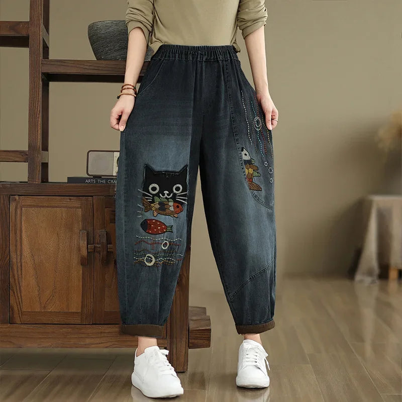 High Waist Breeches Pockets Mom Harem Blue Jeans