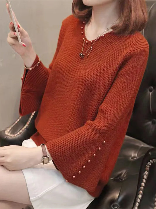 Autumn Winter V-neck Flared Sleeve Knit Women Sweater